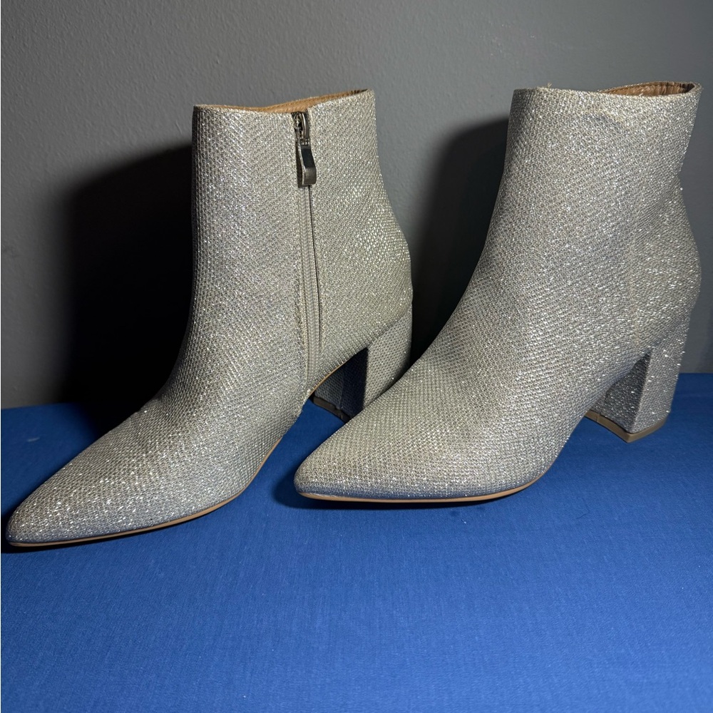 Sparkly Silver Ankle Booties with Block Heel